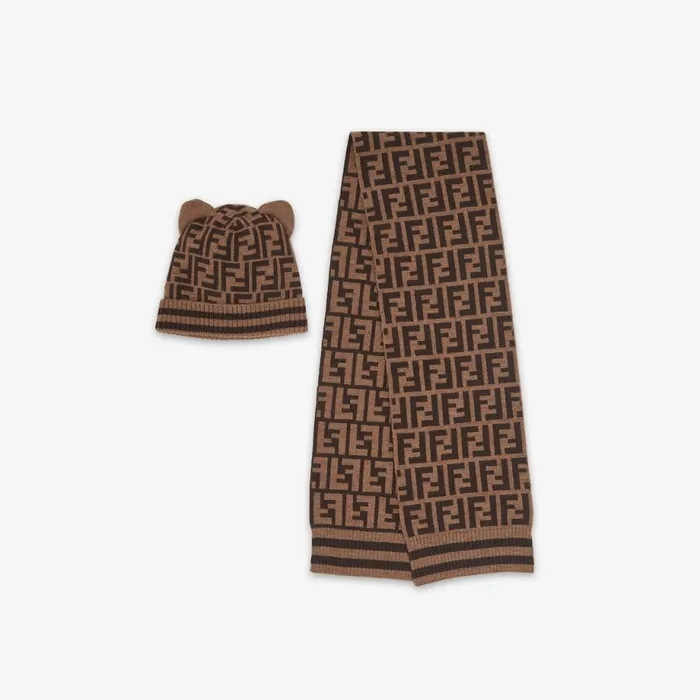 Kids Knitted Scarf And Hat Set With Logo Brown Fendi Baby Boy