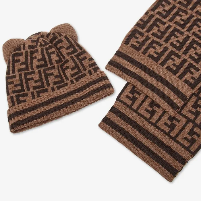 Kids Knitted Scarf And Hat Set With Logo Brown Fendi Baby Boy