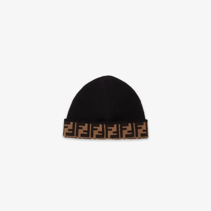 Kids Reversible Junior Hat In Black And Brown Knit Multicolour Fendi Accessories