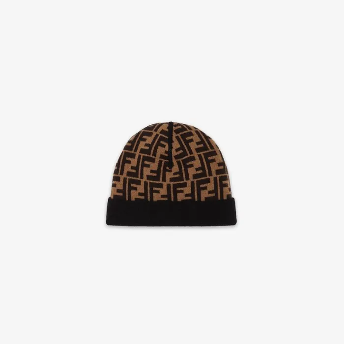 Kids Reversible Junior Hat In Black And Brown Knit Multicolour Fendi Accessories
