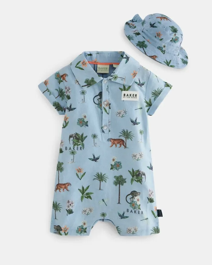 Kids STOYAN 8211 Printed Linen Cotton Romper And Hat Set Blue Ted Baker Baby