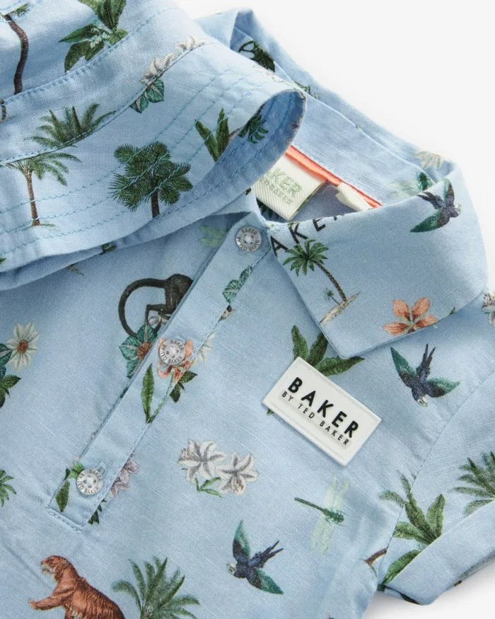 Kids STOYAN 8211 Printed Linen Cotton Romper And Hat Set Blue Ted Baker Baby