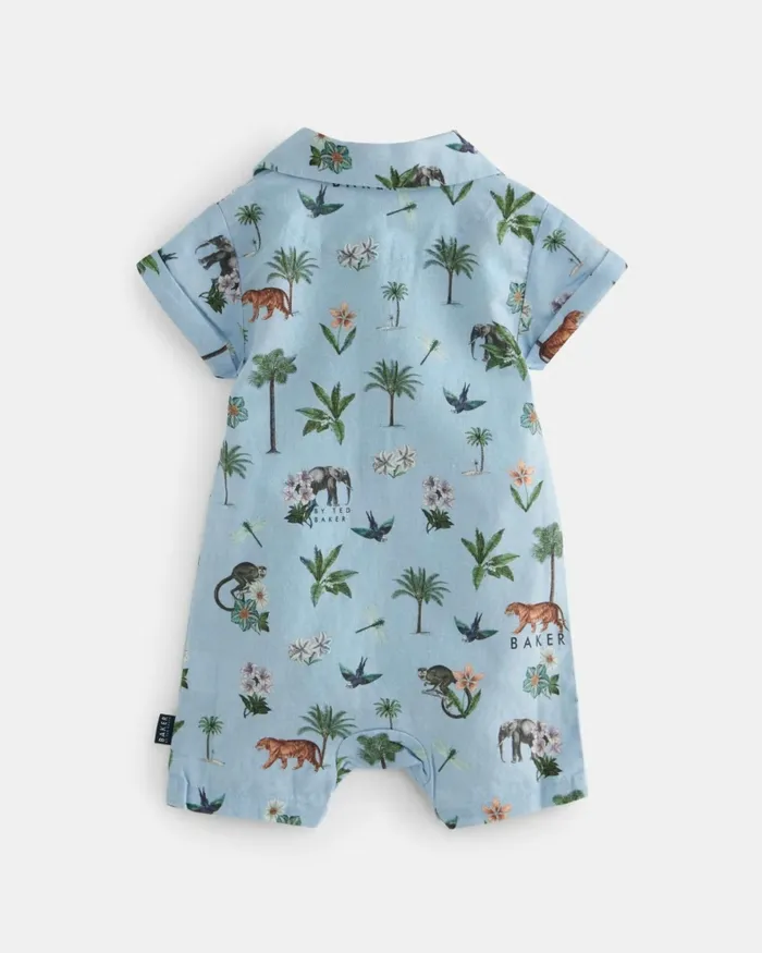 Kids STOYAN 8211 Printed Linen Cotton Romper And Hat Set Blue Ted Baker Baby