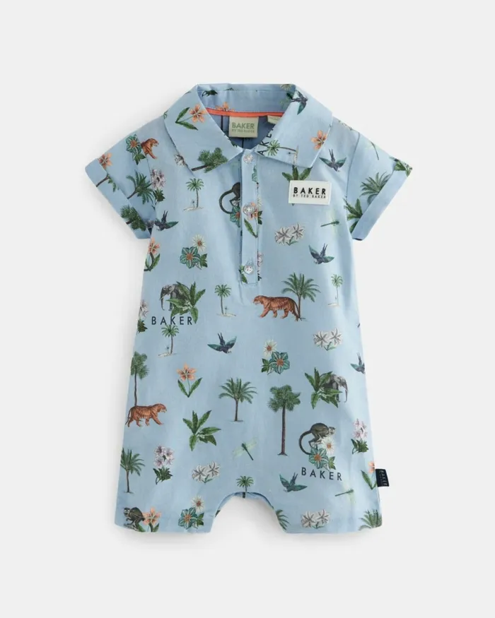 Kids STOYAN 8211 Printed Linen Cotton Romper And Hat Set Blue Ted Baker Baby