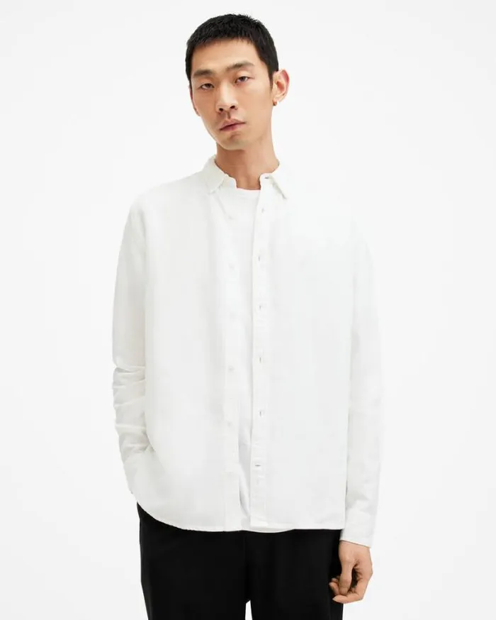 Laguna Linen Blend Relaxed Fit Shirt Optic White Men AllSaints Shirts