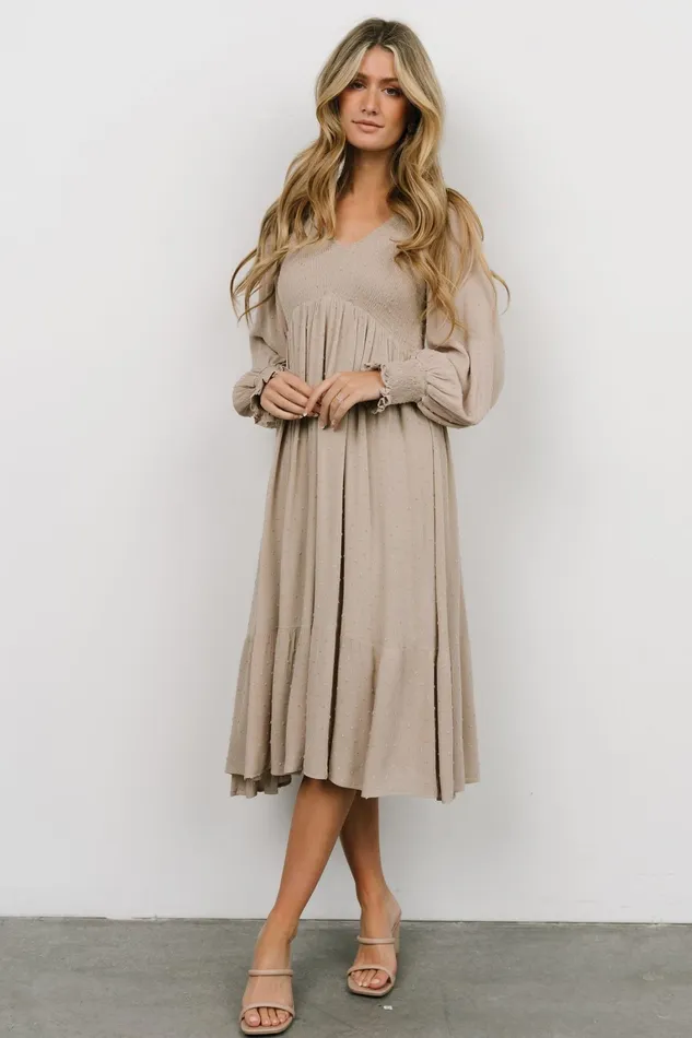Lainey Smocked Dotted Midi Dress Beige Women Baltic Born Midi Dresses Lainey Smocked Dotted Midi Dress Beige Women Baltic Born Midi Dresses