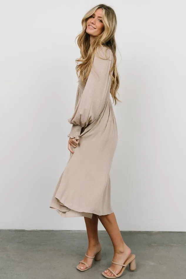 Lainey Smocked Dotted Midi Dress Beige Women Baltic Born Midi Dresses Lainey Smocked Dotted Midi Dress Beige Women Baltic Born Midi Dresses