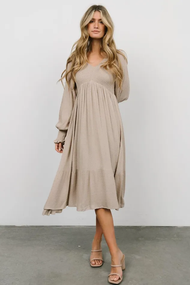 Lainey Smocked Dotted Midi Dress Beige Women Baltic Born Midi Dresses Lainey Smocked Dotted Midi Dress Beige Women Baltic Born Midi Dresses