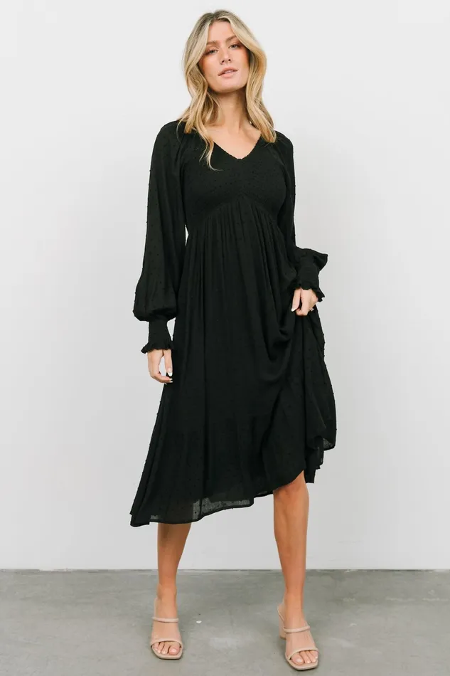 Lainey Smocked Dotted Midi Dress Black Women Baltic Born Midi Dresses
