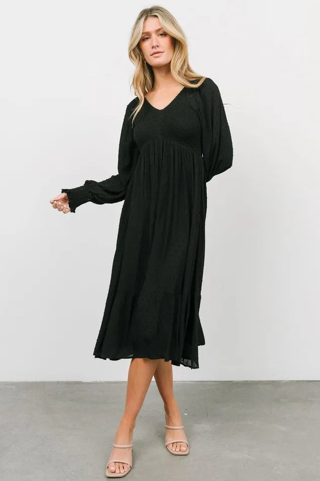 Lainey Smocked Dotted Midi Dress Black Women Baltic Born Midi Dresses Lainey Smocked Dotted Midi Dress Black Women Baltic Born Midi Dresses