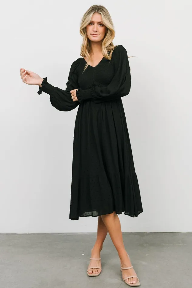 Lainey Smocked Dotted Midi Dress Black Women Baltic Born Midi Dresses Lainey Smocked Dotted Midi Dress Black Women Baltic Born Midi Dresses