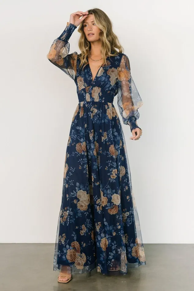 Layla Tulle Maxi Dress Blue Golden Floral Women Baltic Born Bump Friendly