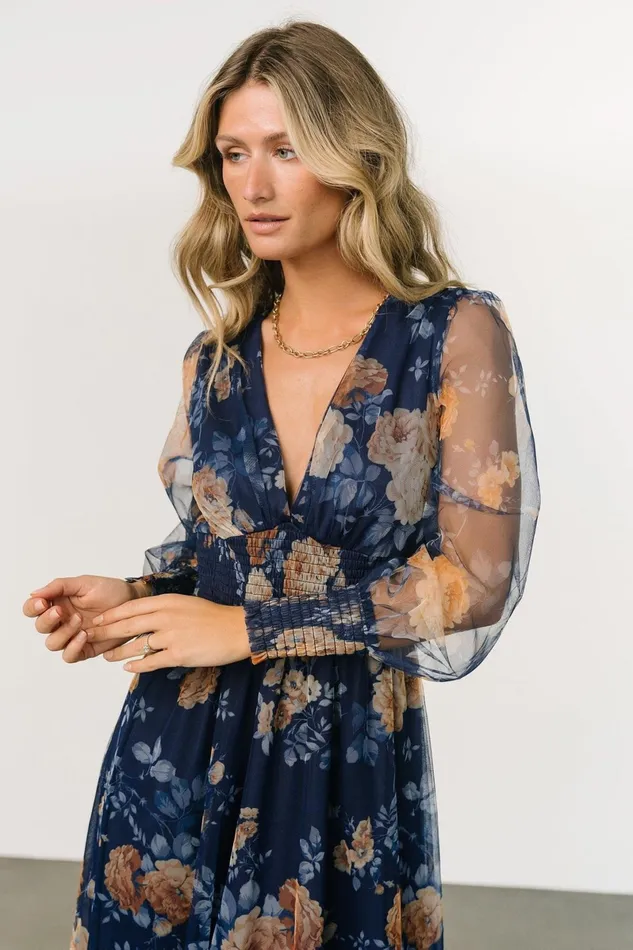 Layla Tulle Maxi Dress Blue Golden Floral Women Baltic Born Wedding Guest