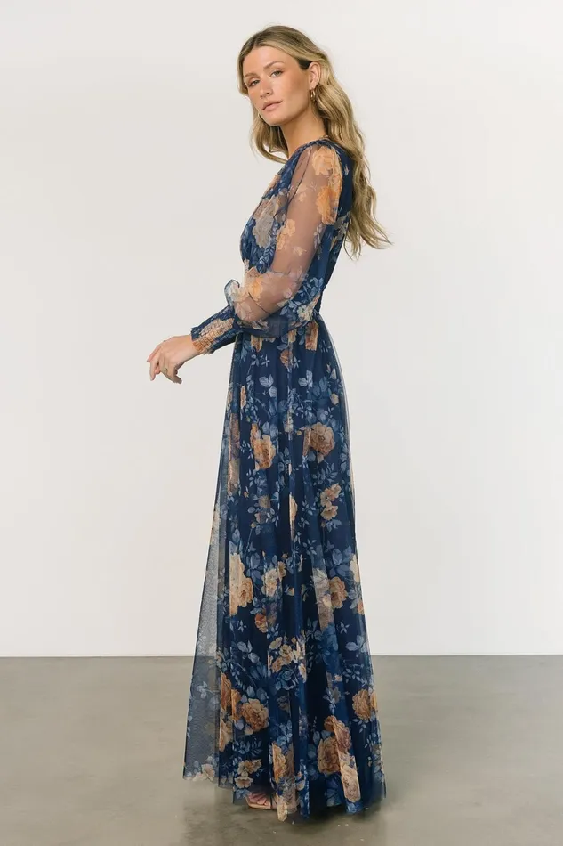 Layla Tulle Maxi Dress Blue Golden Floral Women Baltic Born Wedding Guest