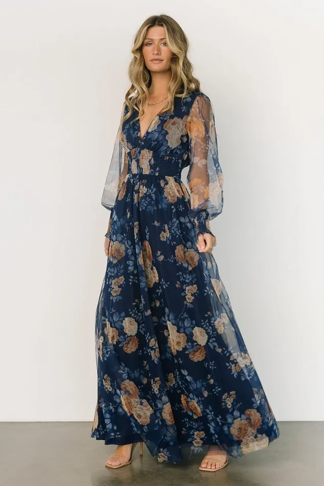 Layla Tulle Maxi Dress Blue Golden Floral Women Baltic Born Wedding Guest