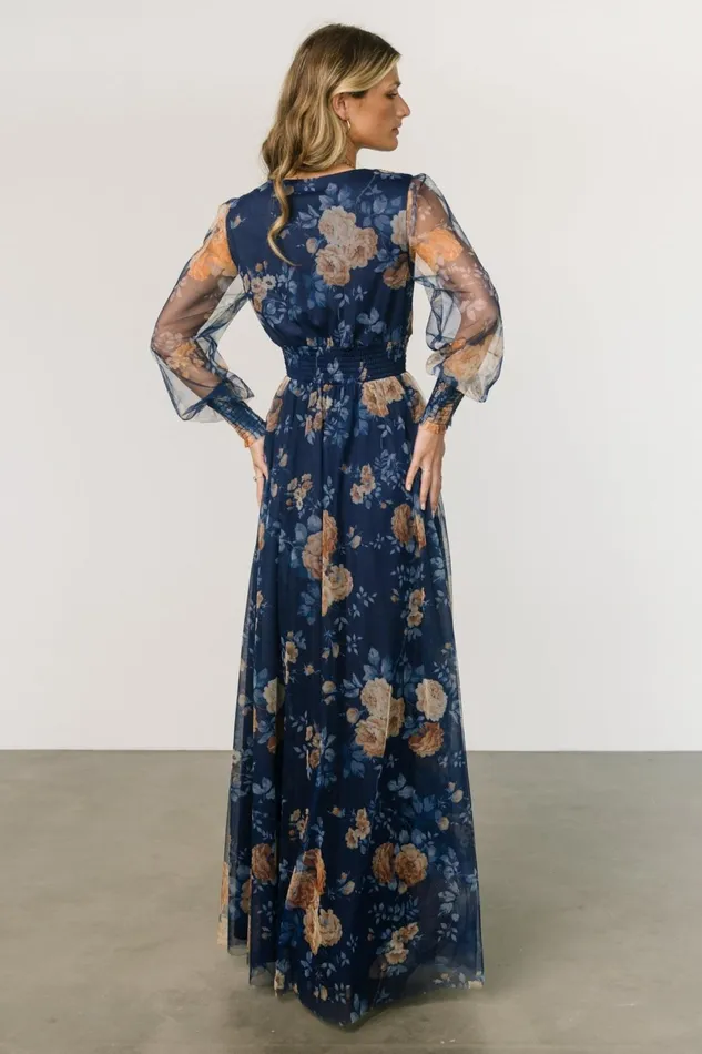 Layla Tulle Maxi Dress Blue Golden Floral Women Baltic Born Wedding Guest