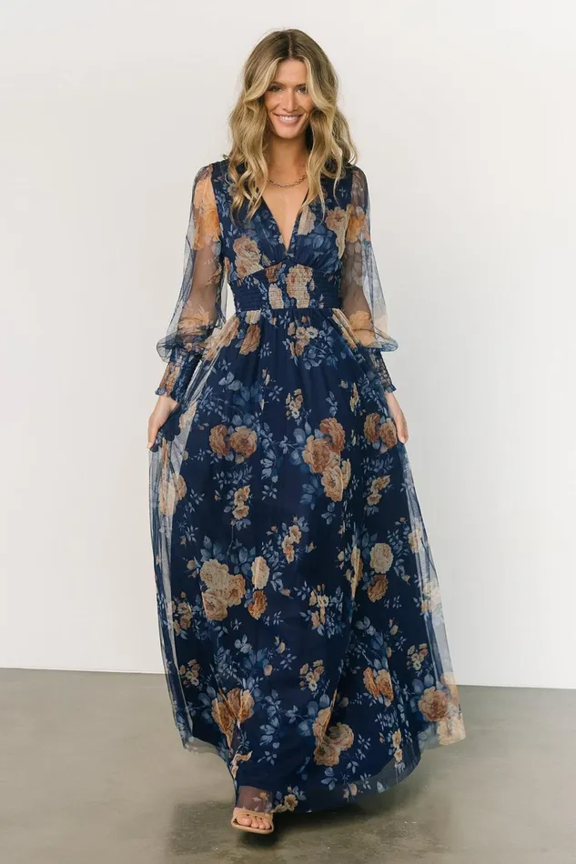 Layla Tulle Maxi Dress Blue Golden Floral Women Baltic Born Wedding Guest