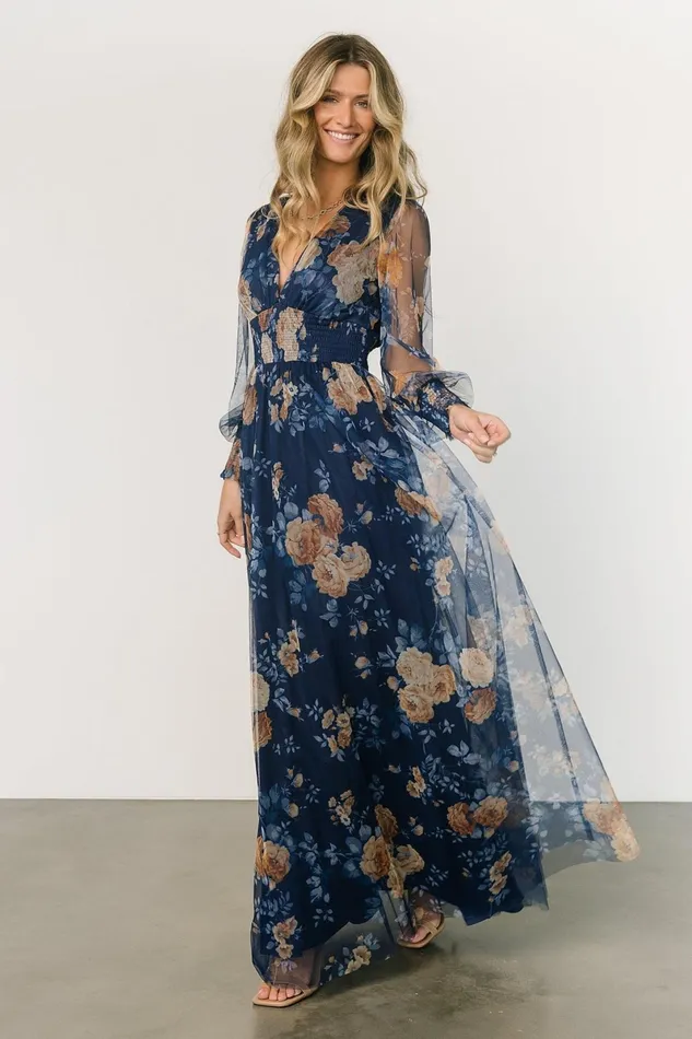 Layla Tulle Maxi Dress Blue Golden Floral Women Baltic Born Wedding Guest