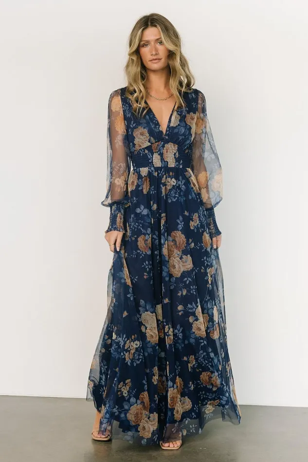 Layla Tulle Maxi Dress Blue Golden Floral Women Baltic Born Wedding Guest