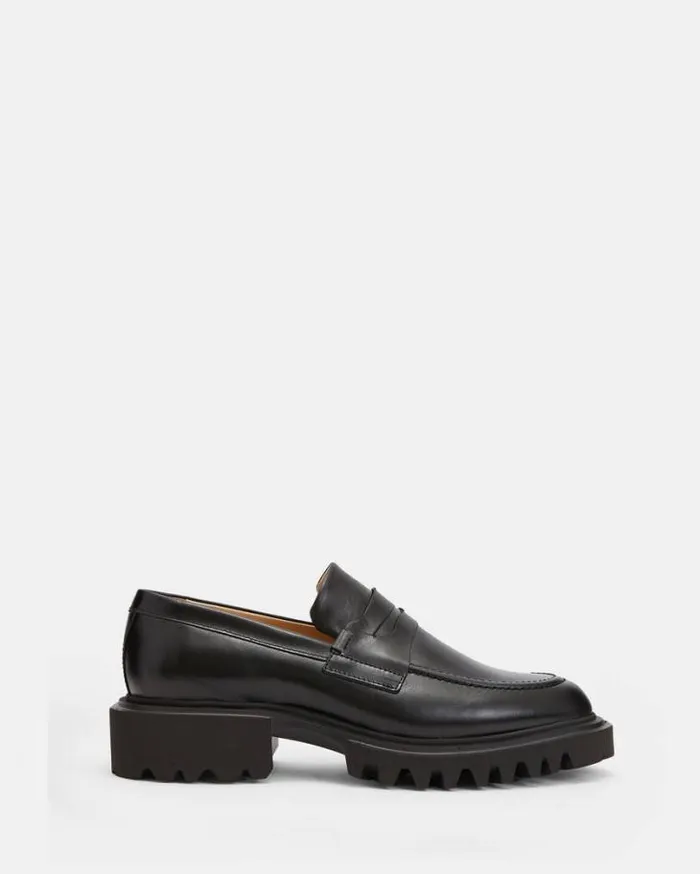 Lola Slip On Shiny Leather Loafer Shoes Black Women AllSaints Shoes and Boots