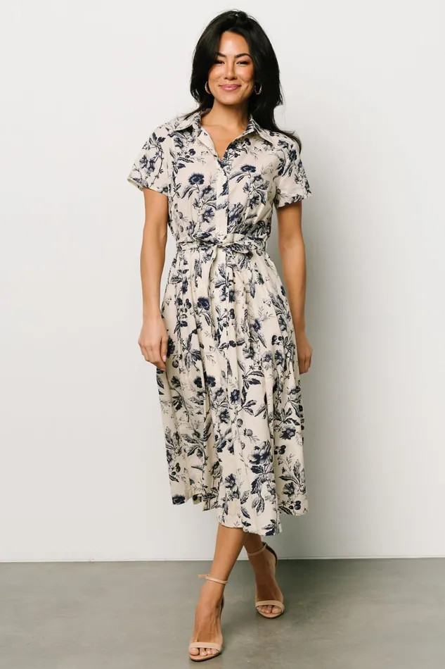 Lorna Midi Dress Beige Navy Print Women Baltic Born Midi Dresses