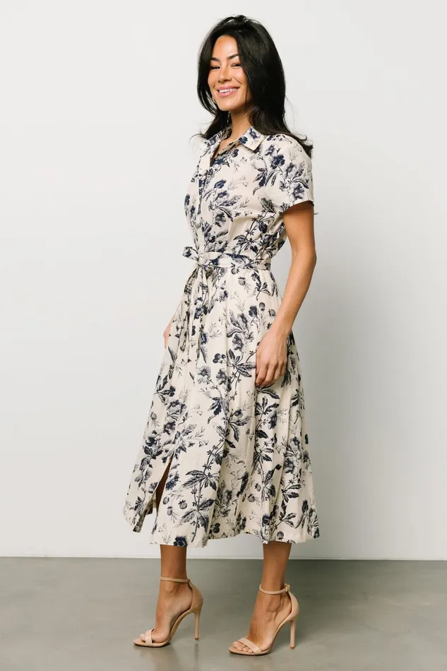 Lorna Midi Dress Beige Navy Print Women Baltic Born Midi Dresses Lorna Midi Dress Beige Navy Print Women Baltic Born Midi Dresses