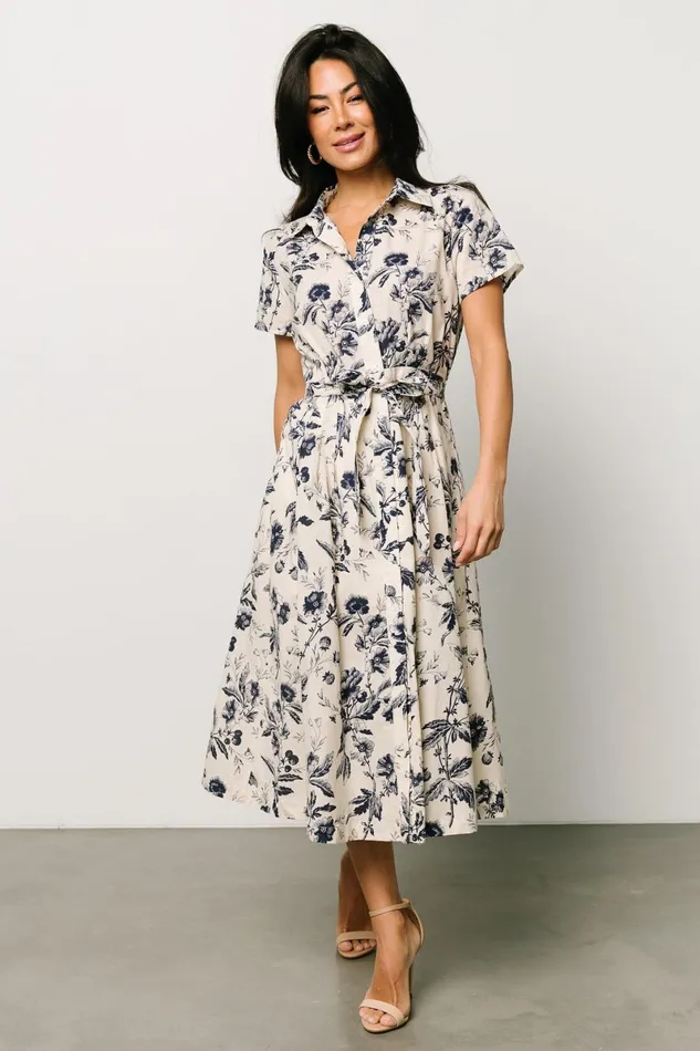 Lorna Midi Dress Beige Navy Print Women Baltic Born Midi Dresses Lorna Midi Dress Beige Navy Print Women Baltic Born Midi Dresses