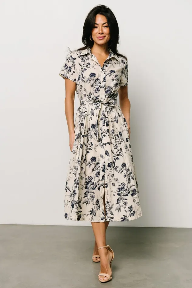 Lorna Midi Dress Beige Navy Print Women Baltic Born Midi Dresses Lorna Midi Dress Beige Navy Print Women Baltic Born Midi Dresses