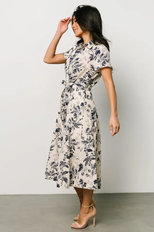 Lorna Midi Dress Beige Navy Print Women Baltic Born Midi Dresses Lorna Midi Dress Beige Navy Print Women Baltic Born Midi Dresses