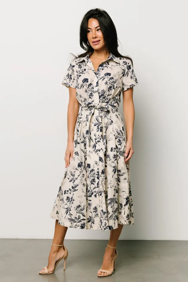 Lorna Midi Dress Beige Navy Print Women Baltic Born Midi Dresses Lorna Midi Dress Beige Navy Print Women Baltic Born Midi Dresses