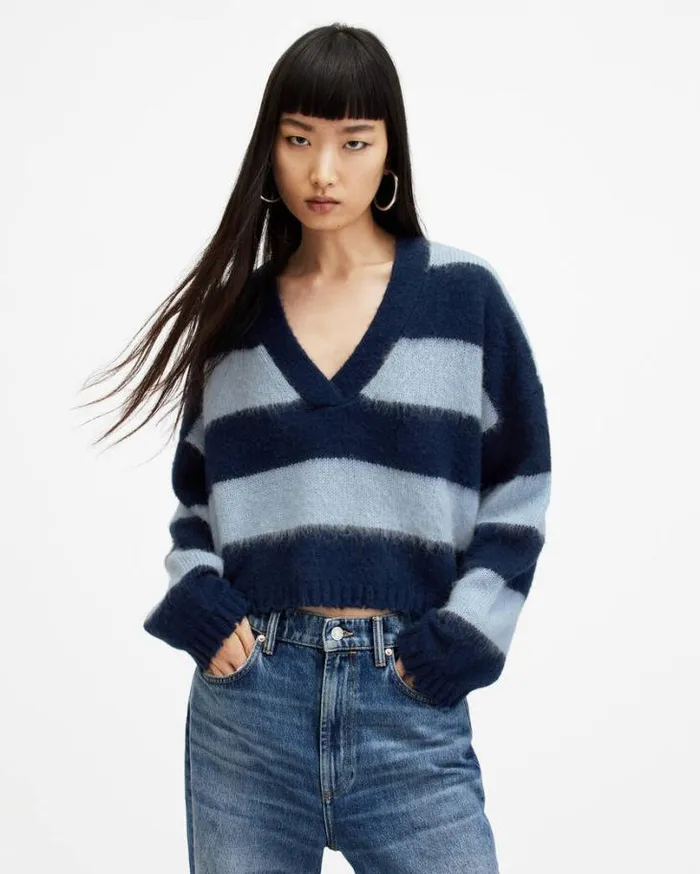 Lou Striped Croppy VNeck Sweater Indigopale Blue Women AllSaints Sweaters