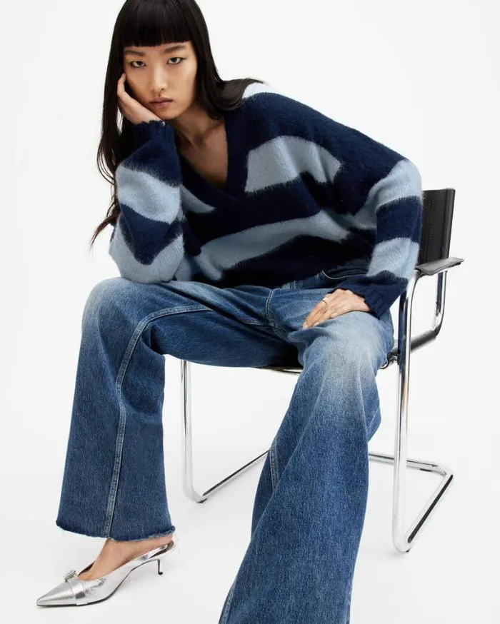 Lou Striped Croppy VNeck Sweater Indigopale Blue Women AllSaints Sweaters