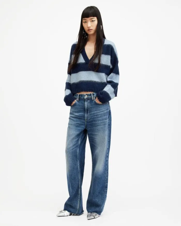 Lou Striped Croppy VNeck Sweater Indigopale Blue Women AllSaints Sweaters