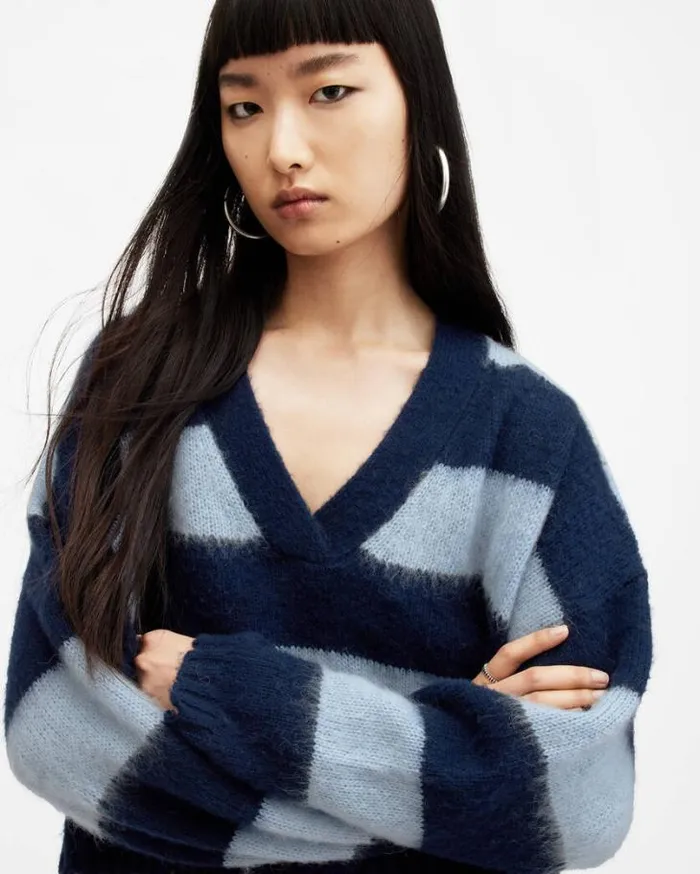 Lou Striped Croppy VNeck Sweater Indigopale Blue Women AllSaints Sweaters