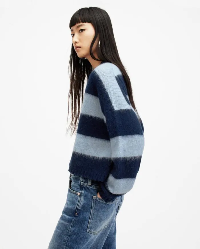 Lou Striped Croppy VNeck Sweater Indigopale Blue Women AllSaints Sweaters