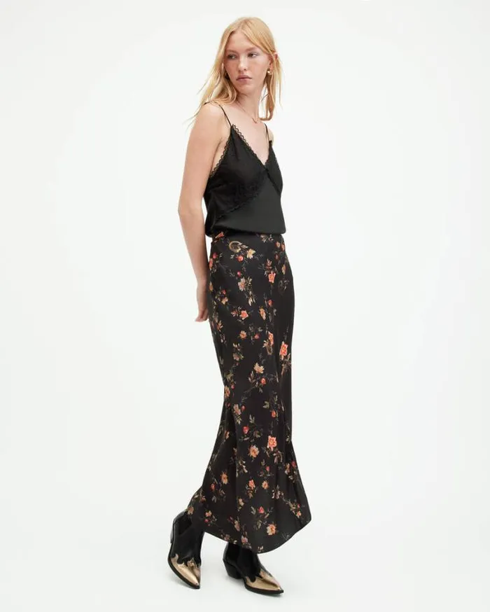 Luisa Tanana Floral Print Midi Skirt Black Women AllSaints Skirts and Shorts Luisa Tanana Floral Print Midi Skirt Black Women AllSaints Skirts and Shorts