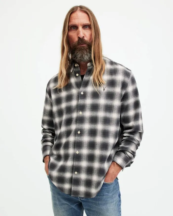 Malpaso Checked Relaxed Fit Shirt Oatmeal Wtwshd Bl Men AllSaints Shirts