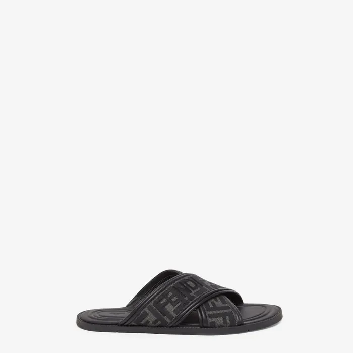 Man Black Fabric Slides Black Fendi Slides and Sandals