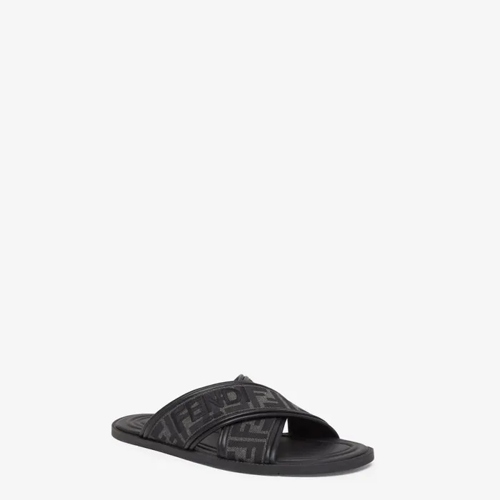 Man Black Fabric Slides Black Fendi Slides and Sandals