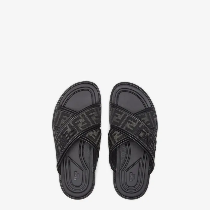 Man Black Fabric Slides Black Fendi Slides and Sandals