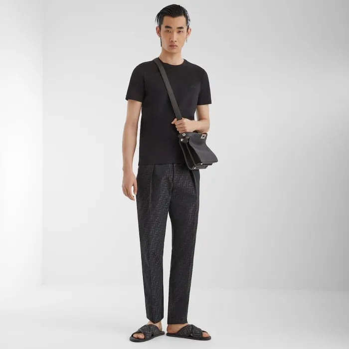 Man Black Fabric Slides Black Fendi Slides and Sandals