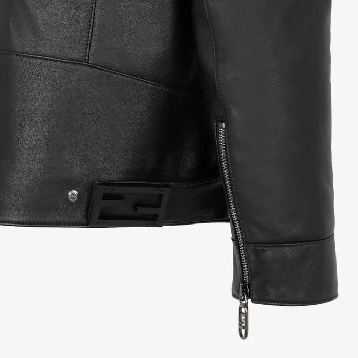 Man Black Nappa Leather Biker Jacket Black Fendi Coats and Outerwear
