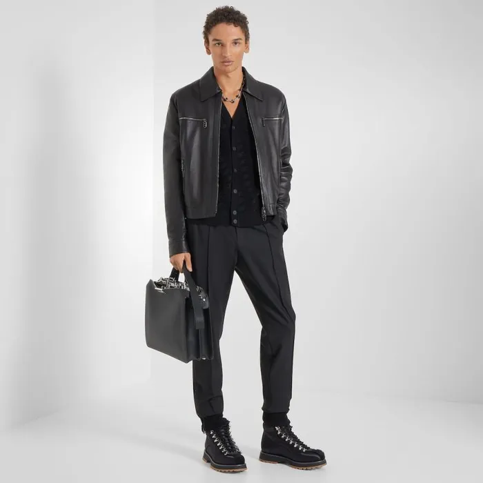 Man Black Nappa Leather Biker Jacket Black Fendi Coats and Outerwear