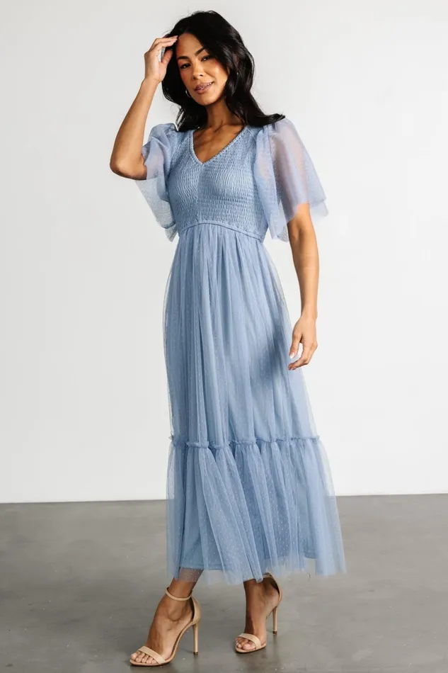 Martha Smocked Tulle Dress Dusty Blue Women Baltic Born Bump Friendly Martha Smocked Tulle Dress Dusty Blue Women Baltic Born Bump Friendly
