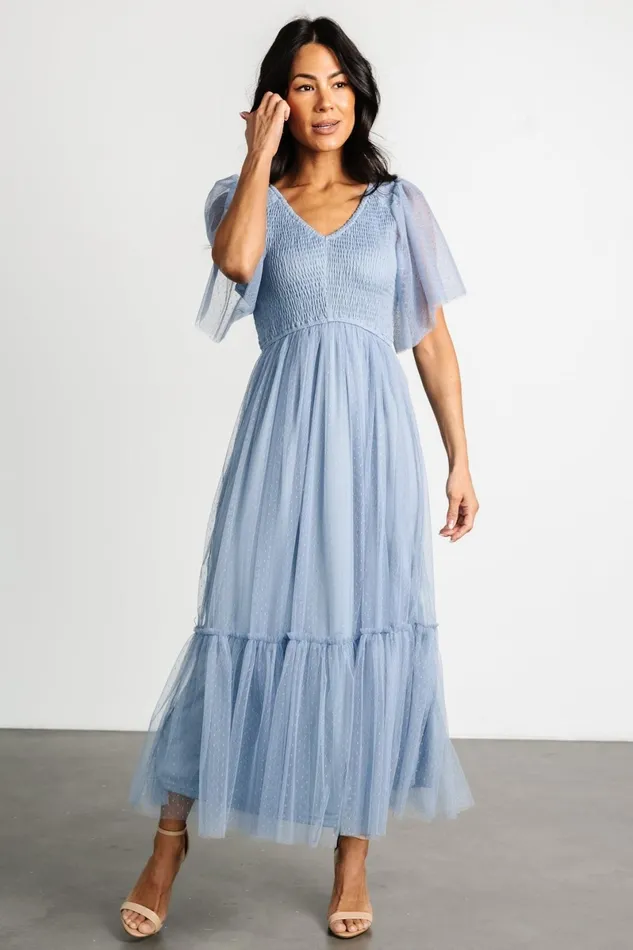 Martha Smocked Tulle Dress Dusty Blue Women Baltic Born Bump Friendly Martha Smocked Tulle Dress Dusty Blue Women Baltic Born Bump Friendly