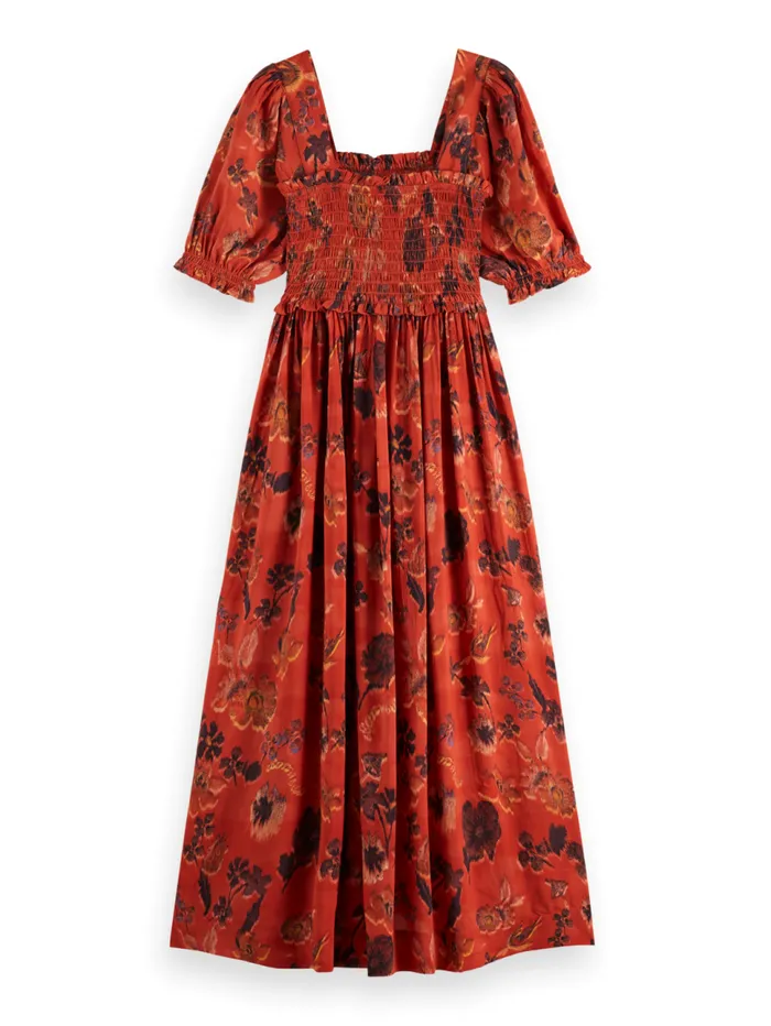 MAXI DRESS WITH SMOCK Geo Flower Bordeaux Women Scotch and Soda Dresses and Jumpsuits MAXI DRESS WITH SMOCK Geo Flower Bordeaux Women Scotch and Soda Dresses and Jumpsuits