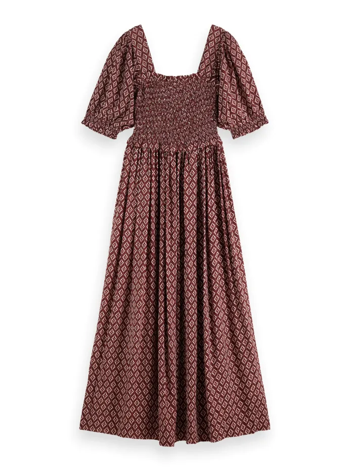 MAXI DRESS WITH SMOCK Geo Flower Bordeaux Women Scotch and Soda Dresses and Jumpsuits MAXI DRESS WITH SMOCK Geo Flower Bordeaux Women Scotch and Soda Dresses and Jumpsuits