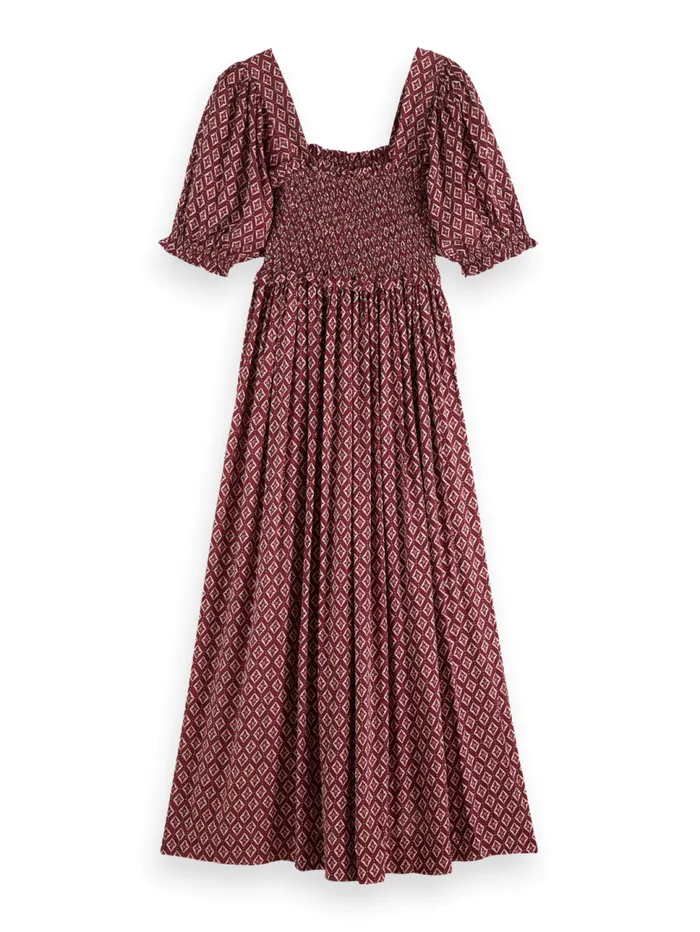 MAXI DRESS WITH SMOCK Geo Flower Bordeaux Women Scotch and Soda Dresses and Jumpsuits MAXI DRESS WITH SMOCK Geo Flower Bordeaux Women Scotch and Soda Dresses and Jumpsuits