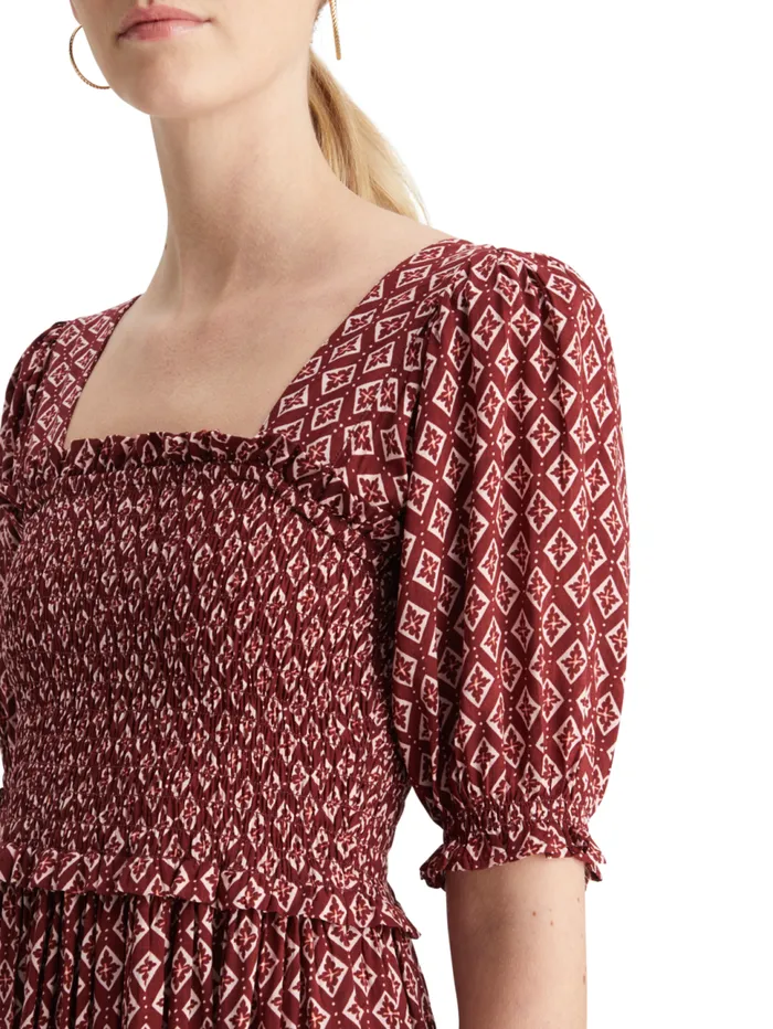 MAXI DRESS WITH SMOCK Geo Flower Bordeaux Women Scotch and Soda Dresses and Jumpsuits MAXI DRESS WITH SMOCK Geo Flower Bordeaux Women Scotch and Soda Dresses and Jumpsuits