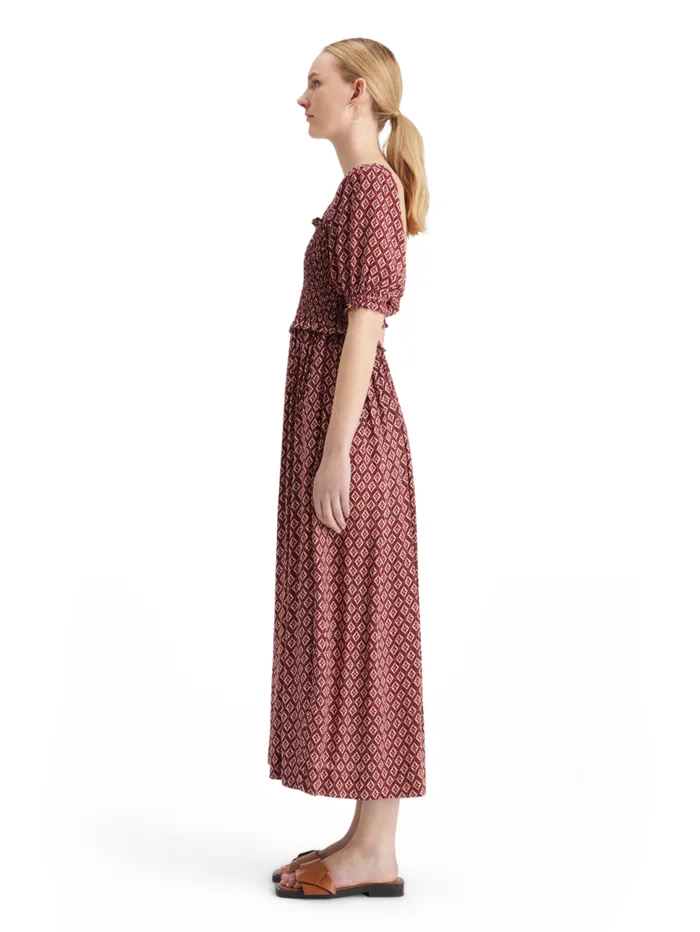 MAXI DRESS WITH SMOCK Geo Flower Bordeaux Women Scotch and Soda Dresses and Jumpsuits MAXI DRESS WITH SMOCK Geo Flower Bordeaux Women Scotch and Soda Dresses and Jumpsuits